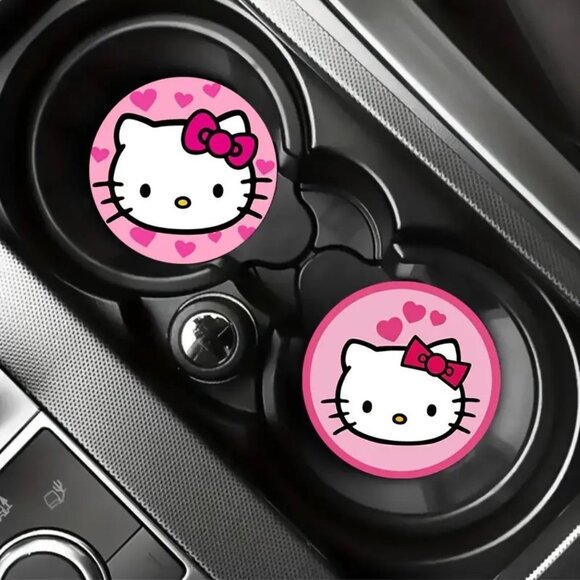 2 Car Coasters Hello Kitty Sanrio Car Drink Auto Vehicle Waterproof Goth Emo NEW - Picture 1 of 5